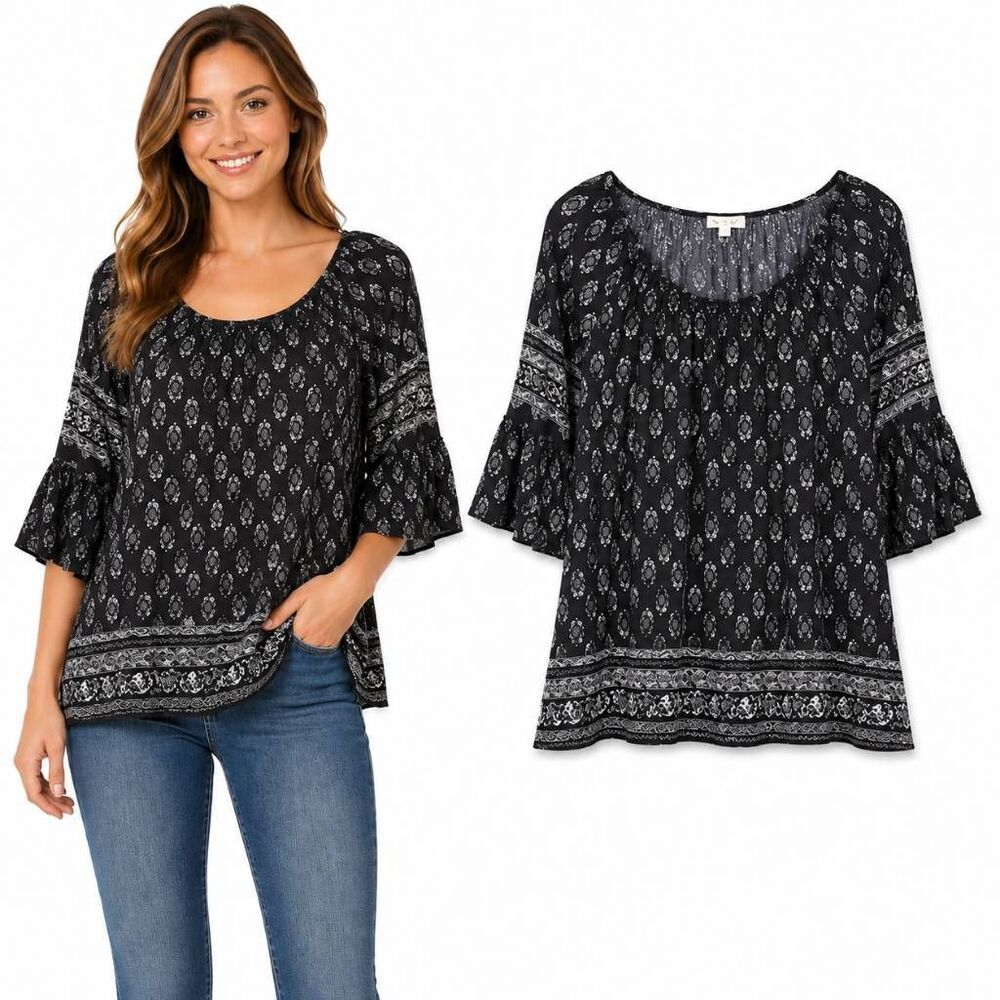 Maurices Boho Floral Peasant Blouse Small Black
